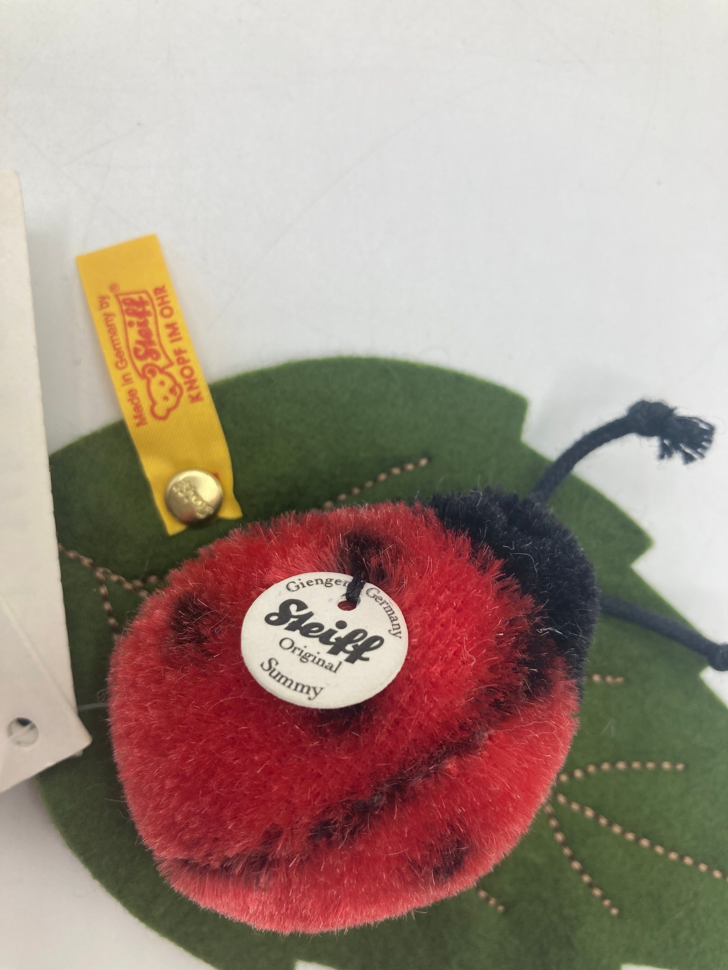 Steiff Tiny Mohair Summy Lady Bug on a Green Felt Leaf With All