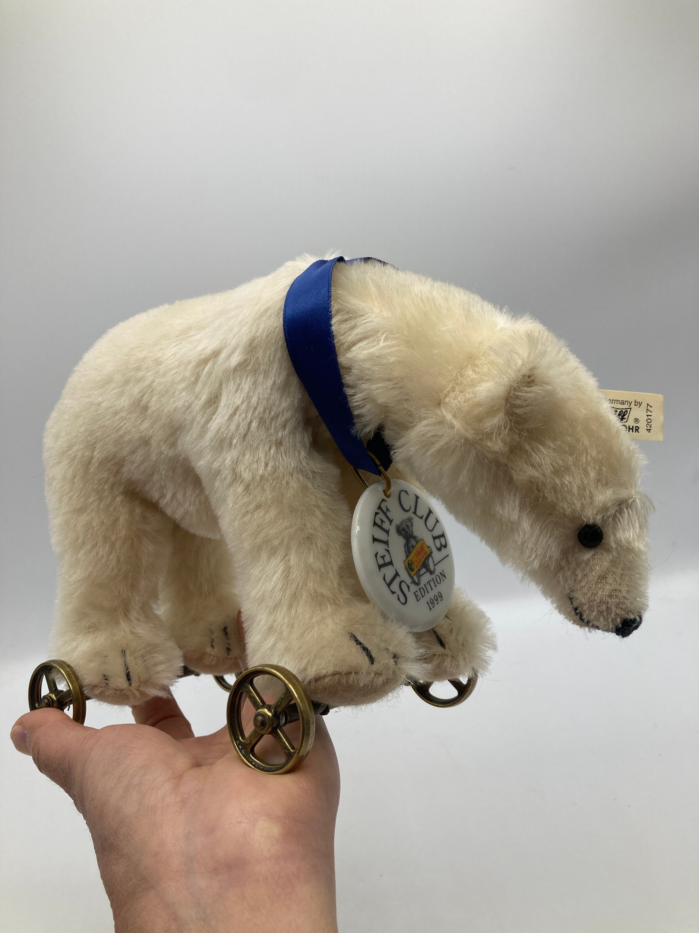 Steiff White Mohair Polar Bear on Wheels Replica With All IDs | My
