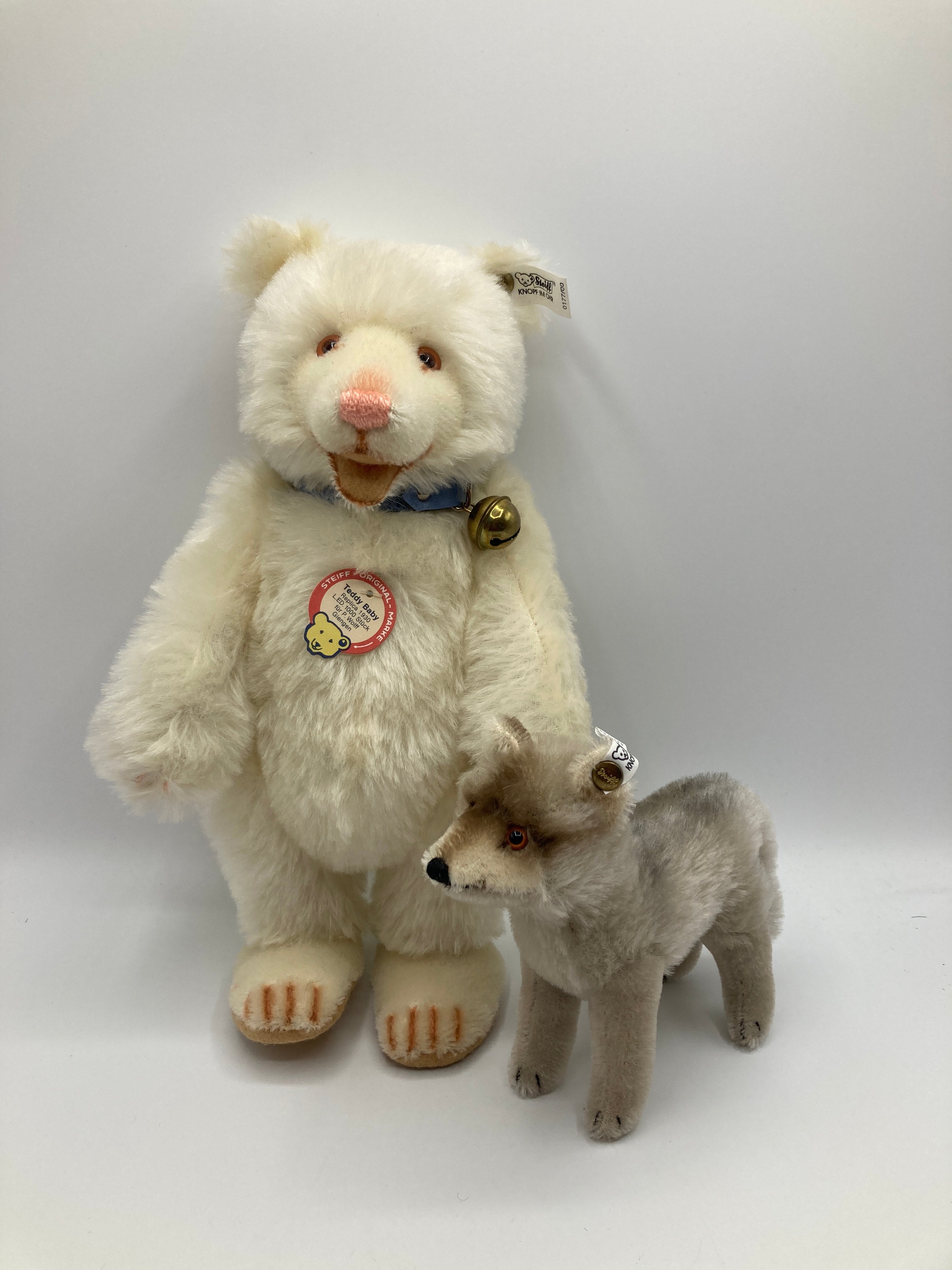 Steiff White Mohair Teddy Baby and Wolf Limited Edition Set Steiff White Mohair Teddy Baby and Wolf Limited Edition Set