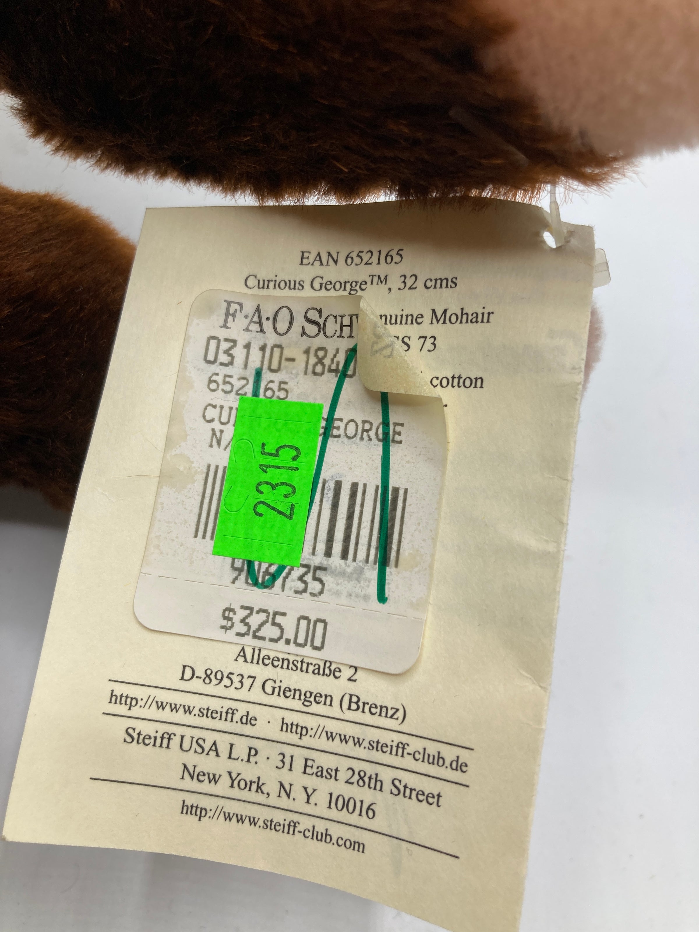 Steiff Mohair Curious George FAO Schwarz Exclusive With All IDs
