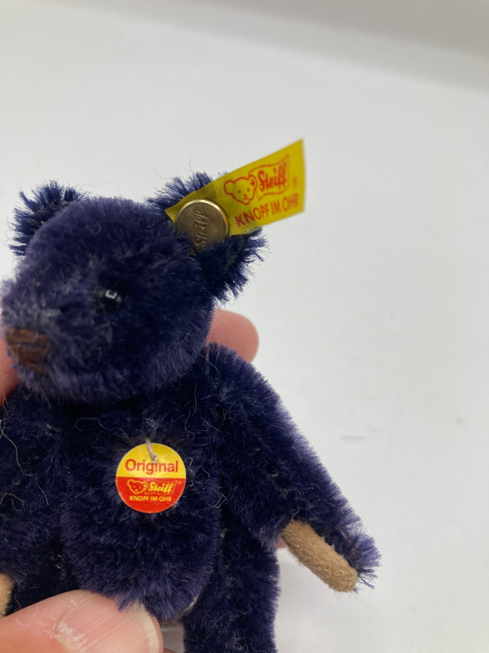 Steiff Extra Small Dark Blue Mohair 1909 Teddy Bear Replica With Steiff Extra Small Dark Blue Mohair 1909 Teddy Bear Replica With