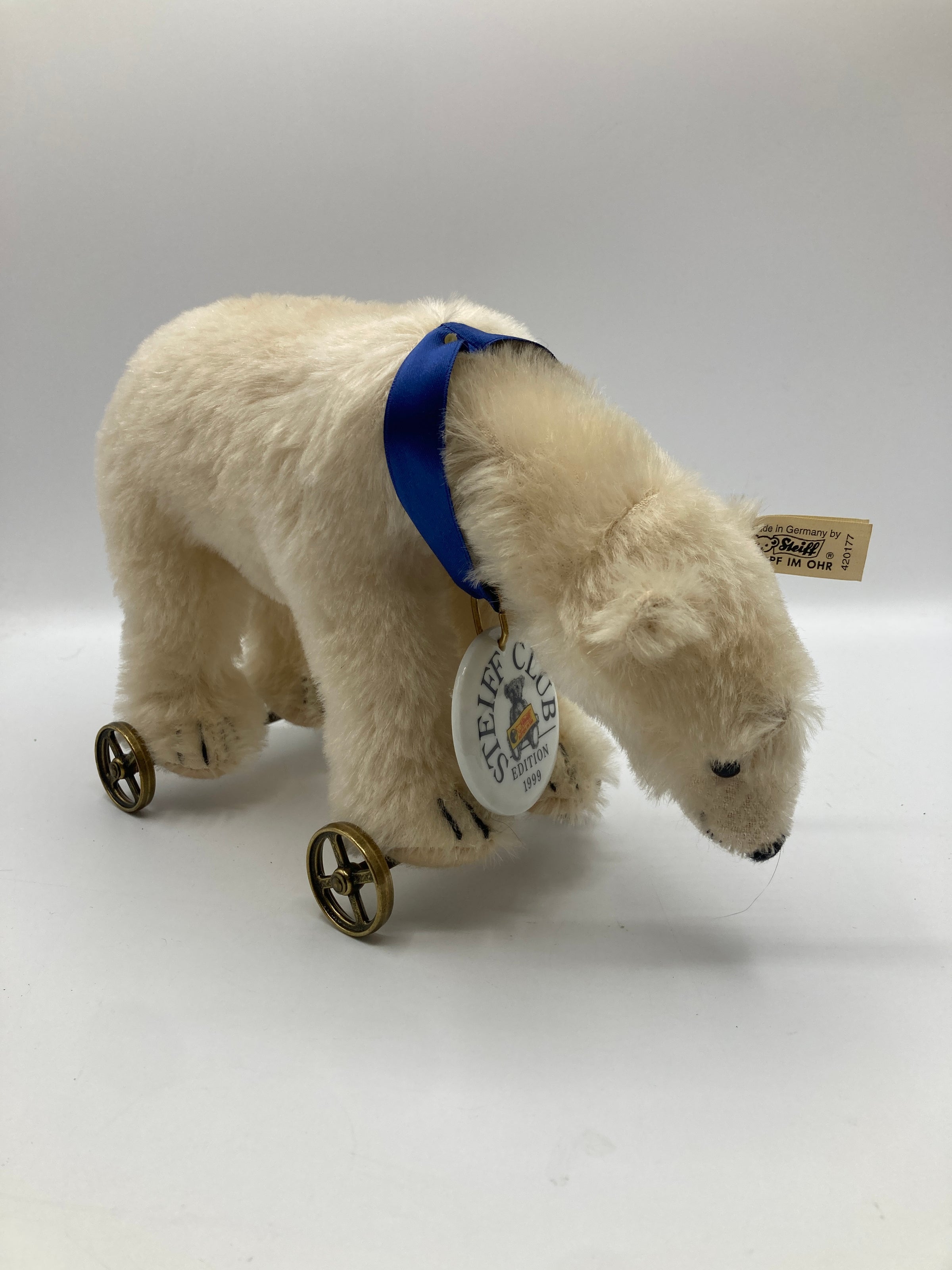 Steiff White Mohair Polar Bear on Wheels Replica With All IDs | My